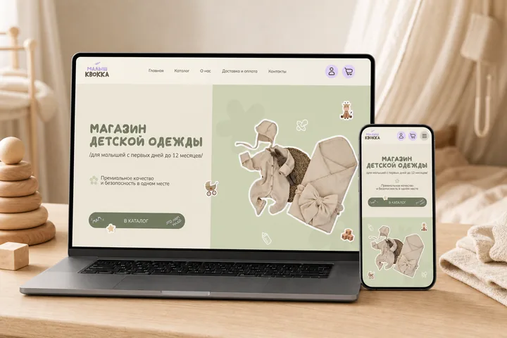 Интернет-магазин детской одежды на ноутбуке и смартфоне